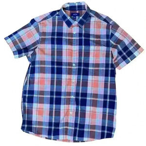 APT 9 Men’s Large Short Sleeve Button Down Plaid Orange Navy Cotton Pocket